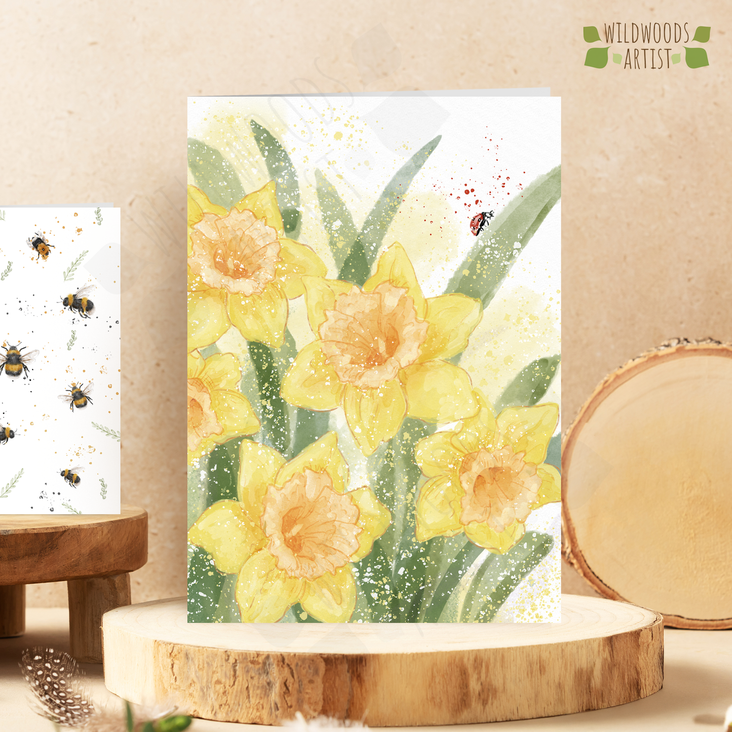 watercolour style illustrated daffodil card with a ladybird