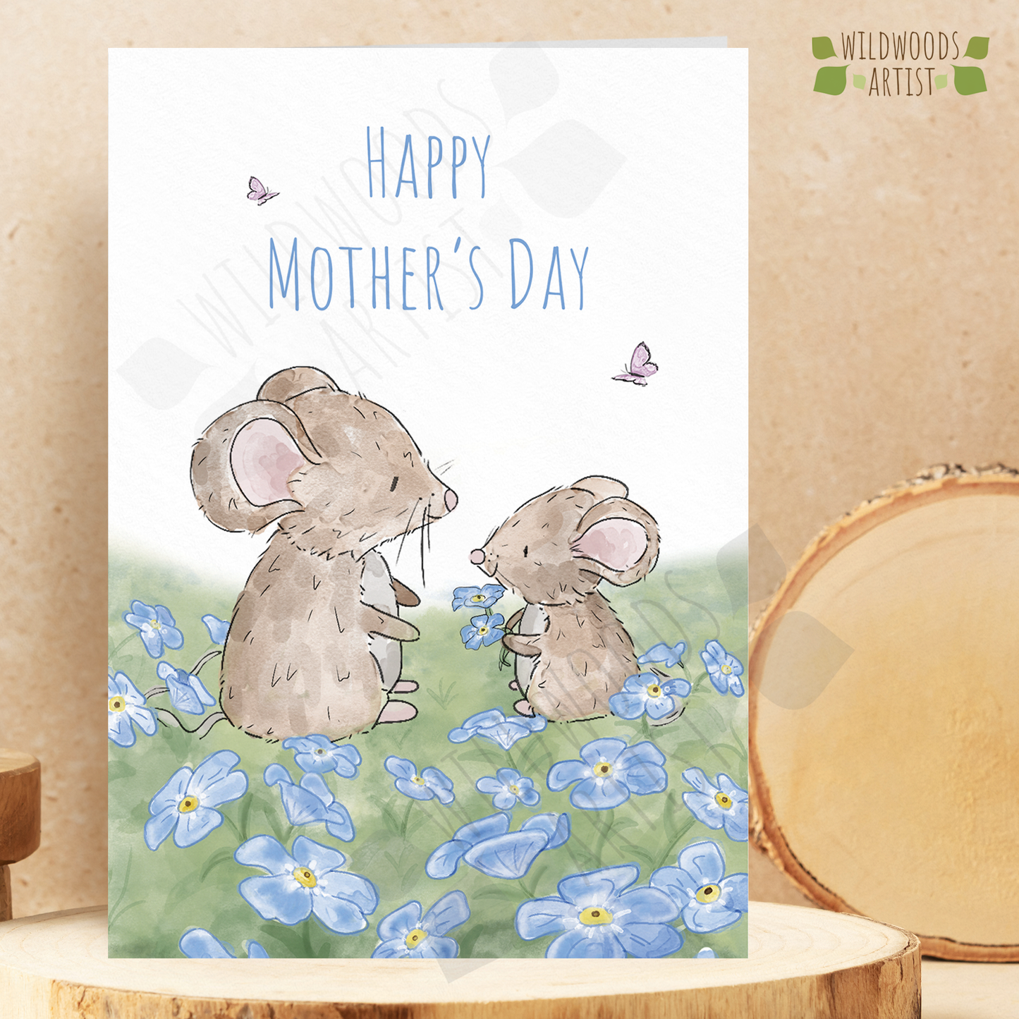 Mother's Day Card featuring mice ina field of forget me nots