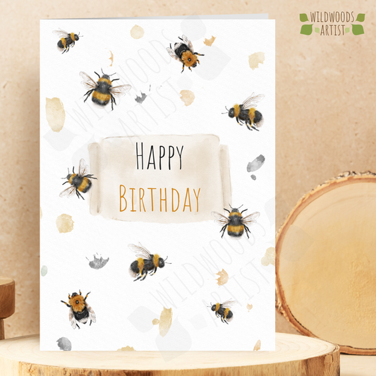bee birthday card featuring bumblebees and tree bees
