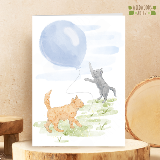 ginger cat and grey kitten playing with balloon - Kitten Birthday Card