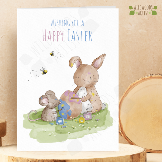 Easter Card featuring easter bunny and mouse painting an egg