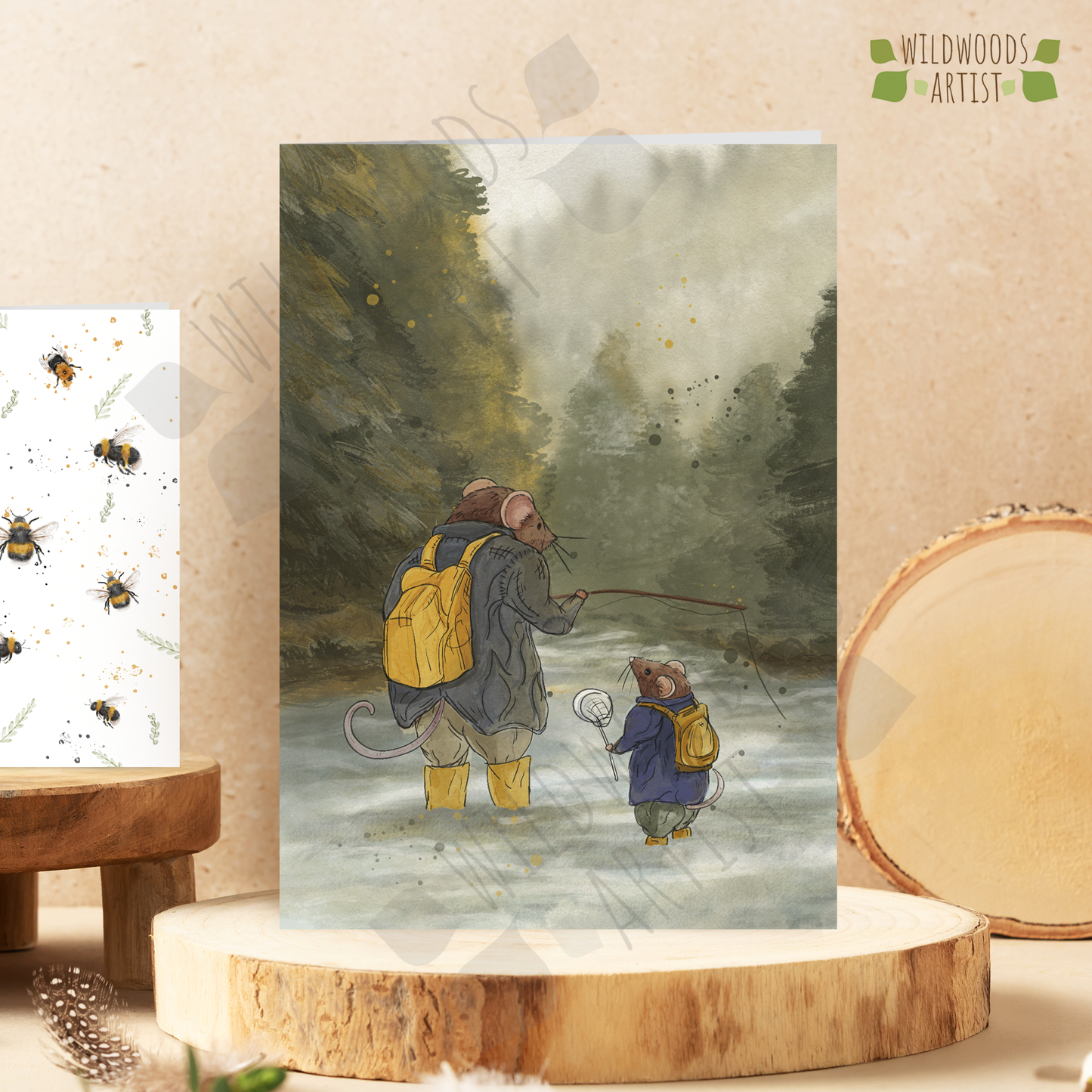 Mice Fishing Card - Fishing with dad, two mice fish in a whimsical storybook style forest lake scene