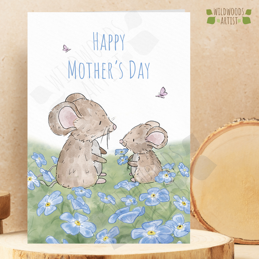Mother's Day Card featuring mice ina field of forget me nots