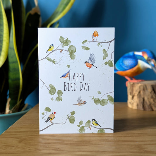 garden bird birthday card with the message happy bird day featuring a robin, bullfinch, goldfinch, sparrow, nuthatch, great tit and blue tit