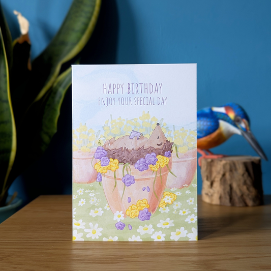 happy birthday hedgehog card for book lovers. This card features a hedgehog sleeping in a plant pot of flowers, under the sun with a book on her lap