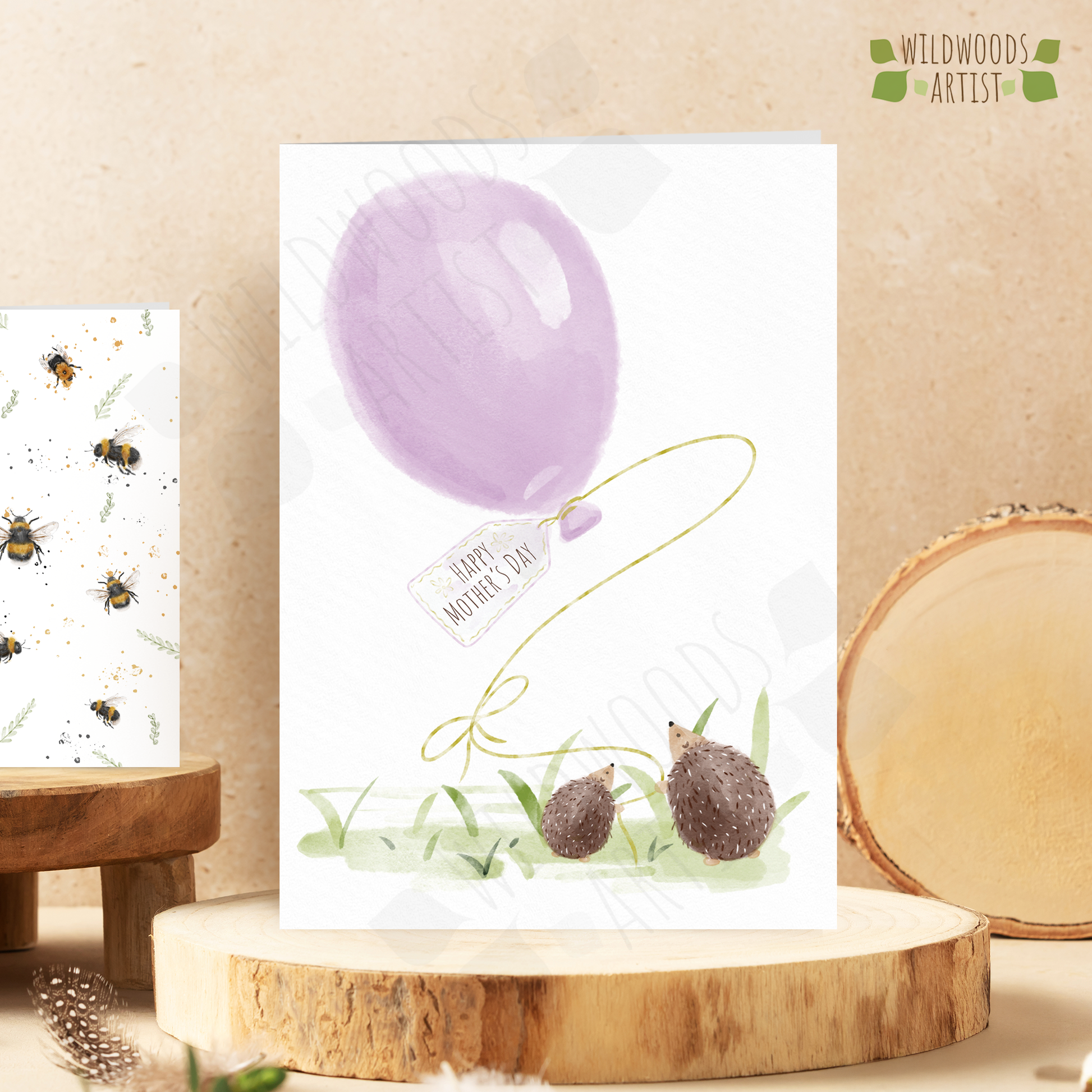 Hedgehog Mother's Day Card - whimsical hedgehogs holding onto giant purple balloon