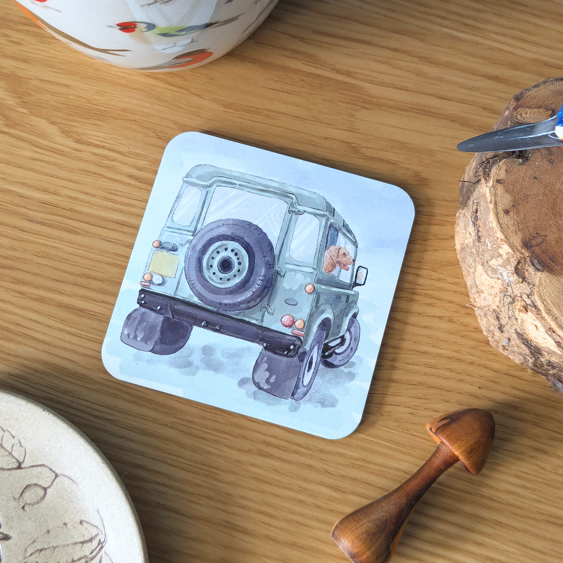 farmhouse coaster with classic land rover and shooting design