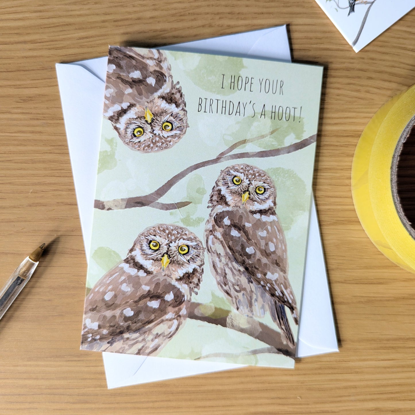 This little owl birthday card is perfect for owl lovers. It features 3 cheeky owls perched in the woods with the message - I hope your birthday's a hoot