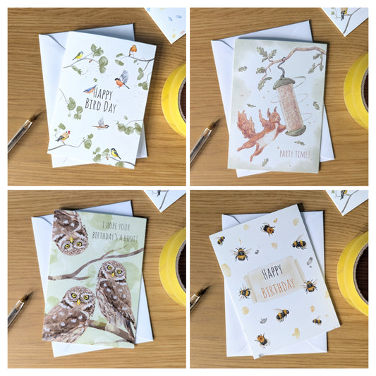 This British wildlife birthday card set features all of the favourite UK species in beautiful watercolour. In the bundle of 4 cards there is a garden bird birthday card, funny red squirrel swinging around a bird feeder card, a little owl card and a cute English bumblebee birthday card.