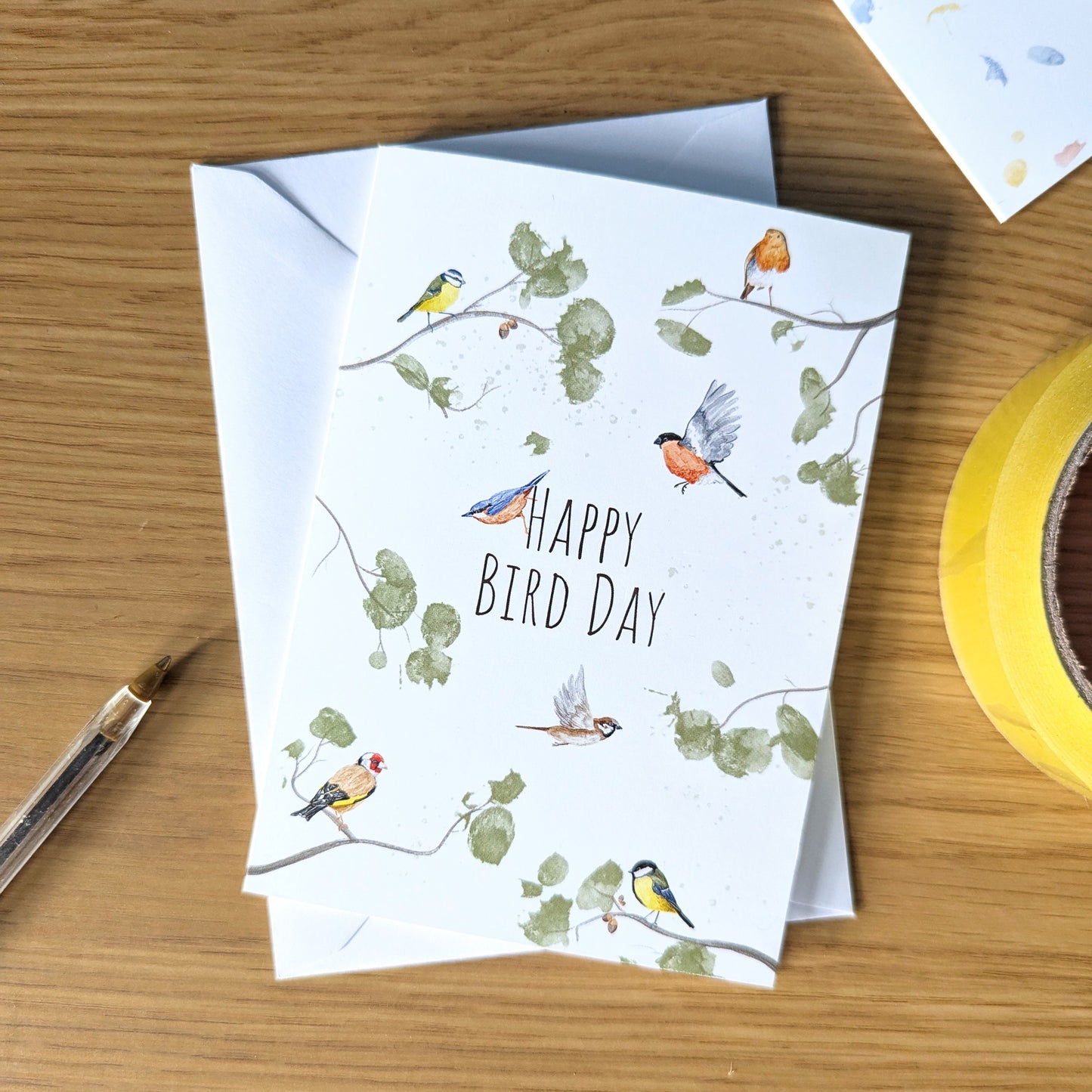 This wild garden bird birthday card has all of our favourite British birds. Featuring watercolour illustrations of a robin, blue tit, bullfinch, great tit, sparrow, goldfinch and nuthatch