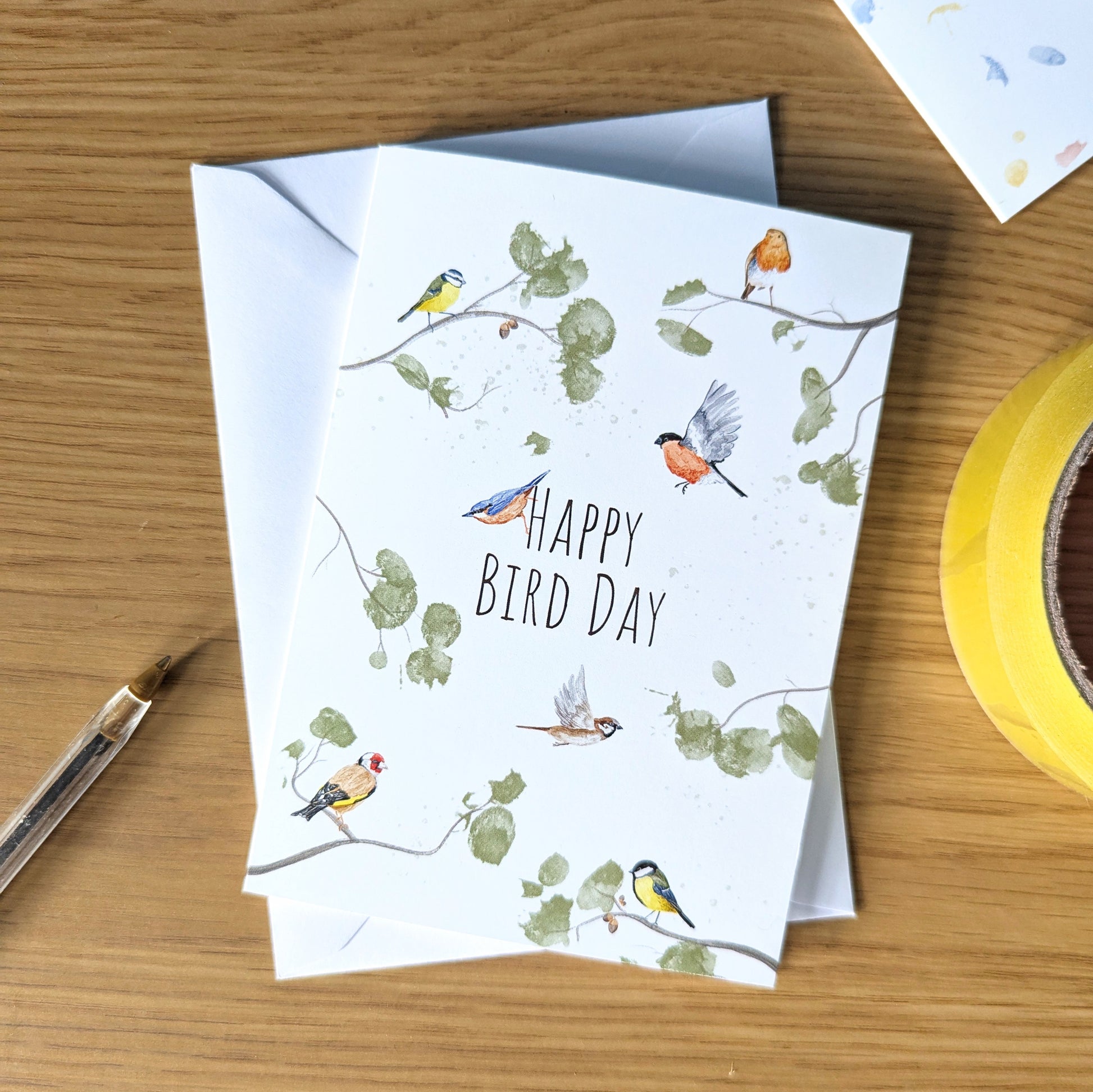 This wild garden bird birthday card has all of our favourite British birds. Featuring watercolour illustrations of a robin, blue tit, bullfinch, great tit, sparrow, goldfinch and nuthatch