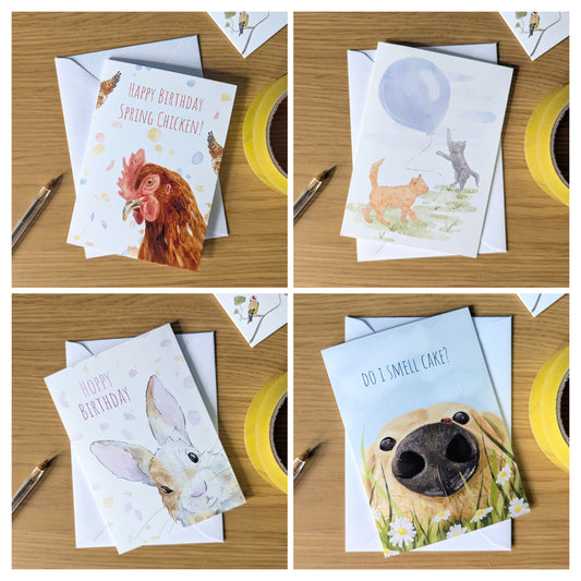UK pet birthday card bundle offers a great selection of cards for pet lovers. Featuring a funny chicken birthday card, a grey and ginger cat card, a Labrador birthday card from the dog and a cute bunny rabbit card